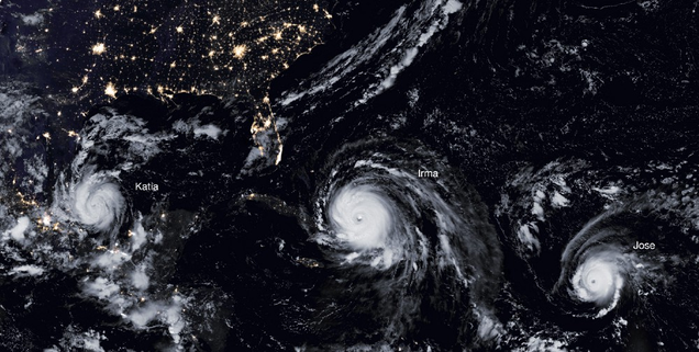 Hurricane Katia, Hurricane Irma and Hurricane Jose in September 2017 — the first time in recorded history the Atlantic hosted three tropical cyclones in danger of making landfall. Source: NASA